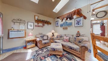 Cozy Western-style lounge with skylights and rustic cowboy charm