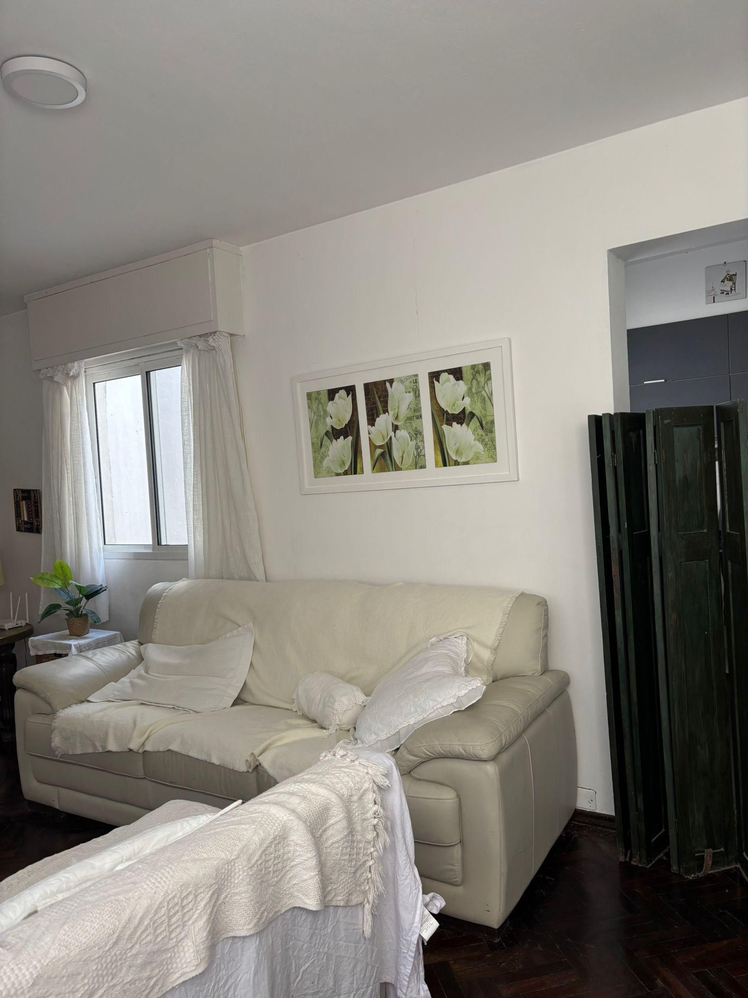 Una sala de estar con un sofá color beige, una mesita con una planta y una ventana con cortinas.