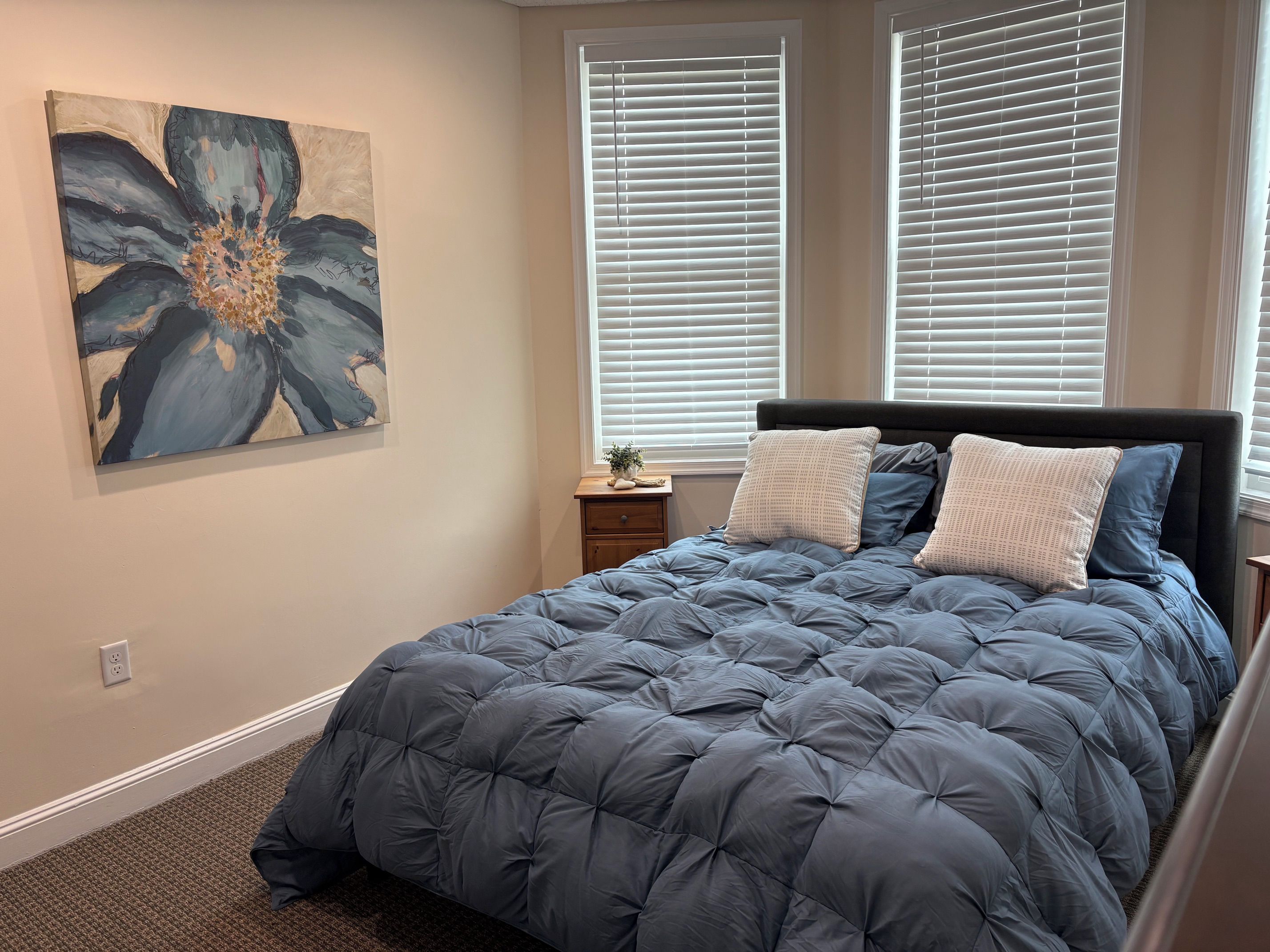 Une chambre à coucher avec un grand lit, une table de chevet, un tableau accroché au mur et deux fenêtres équipées de stores.