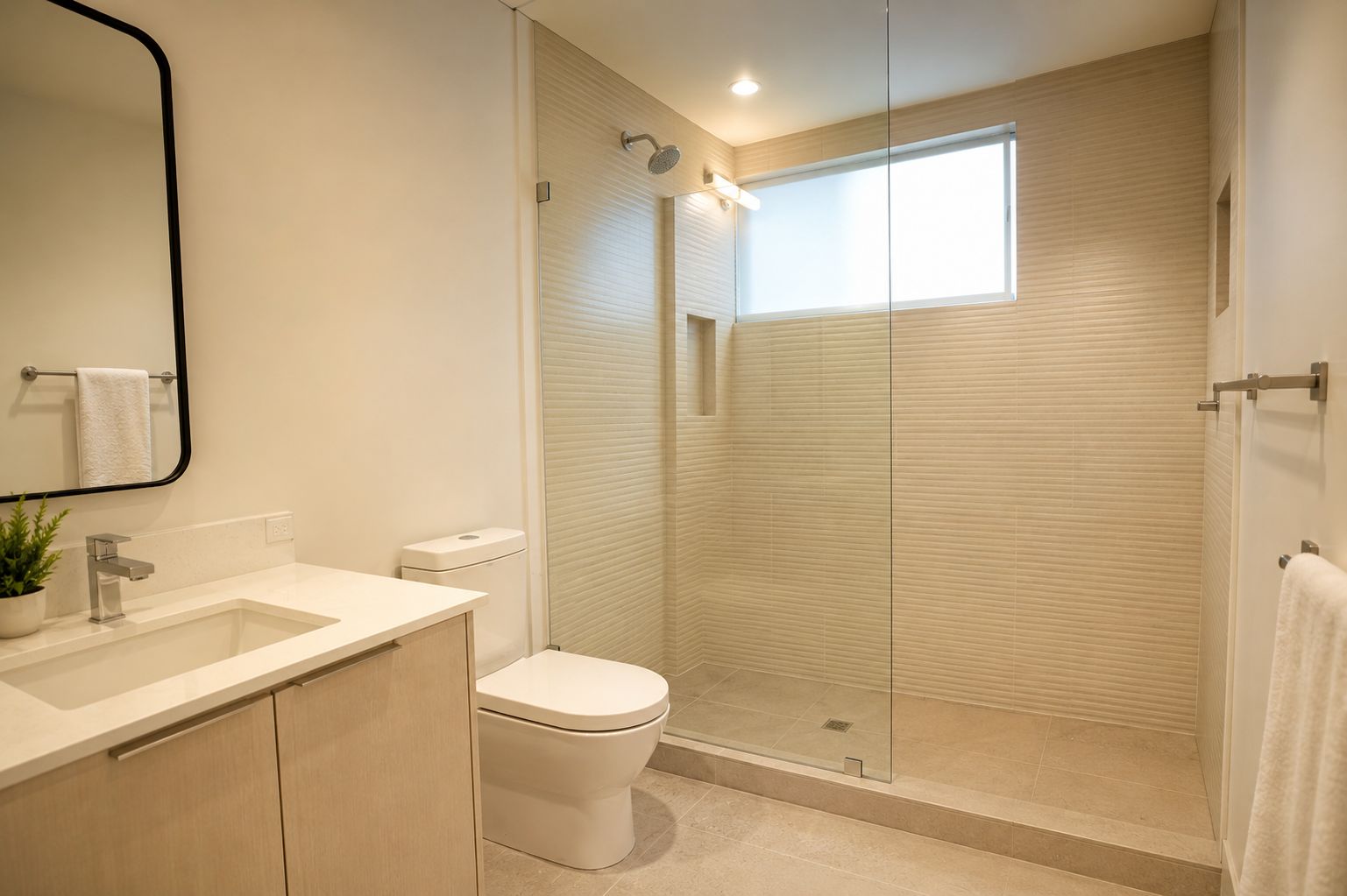 A modern bathroom with a glass-enclosed shower, a white toilet, and a sink with a mirror above it.