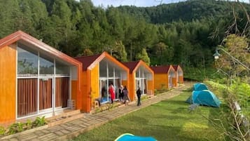 A row of wooden cabins with glass doors, a grassy area with tents, and a forested hillside in the background.