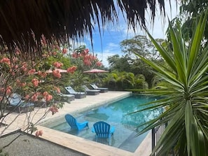 A pool area with lounge chairs and a glass-enclosed hot tub. - Tropical Lodge The Hidden Hideaway (Playa Grande)