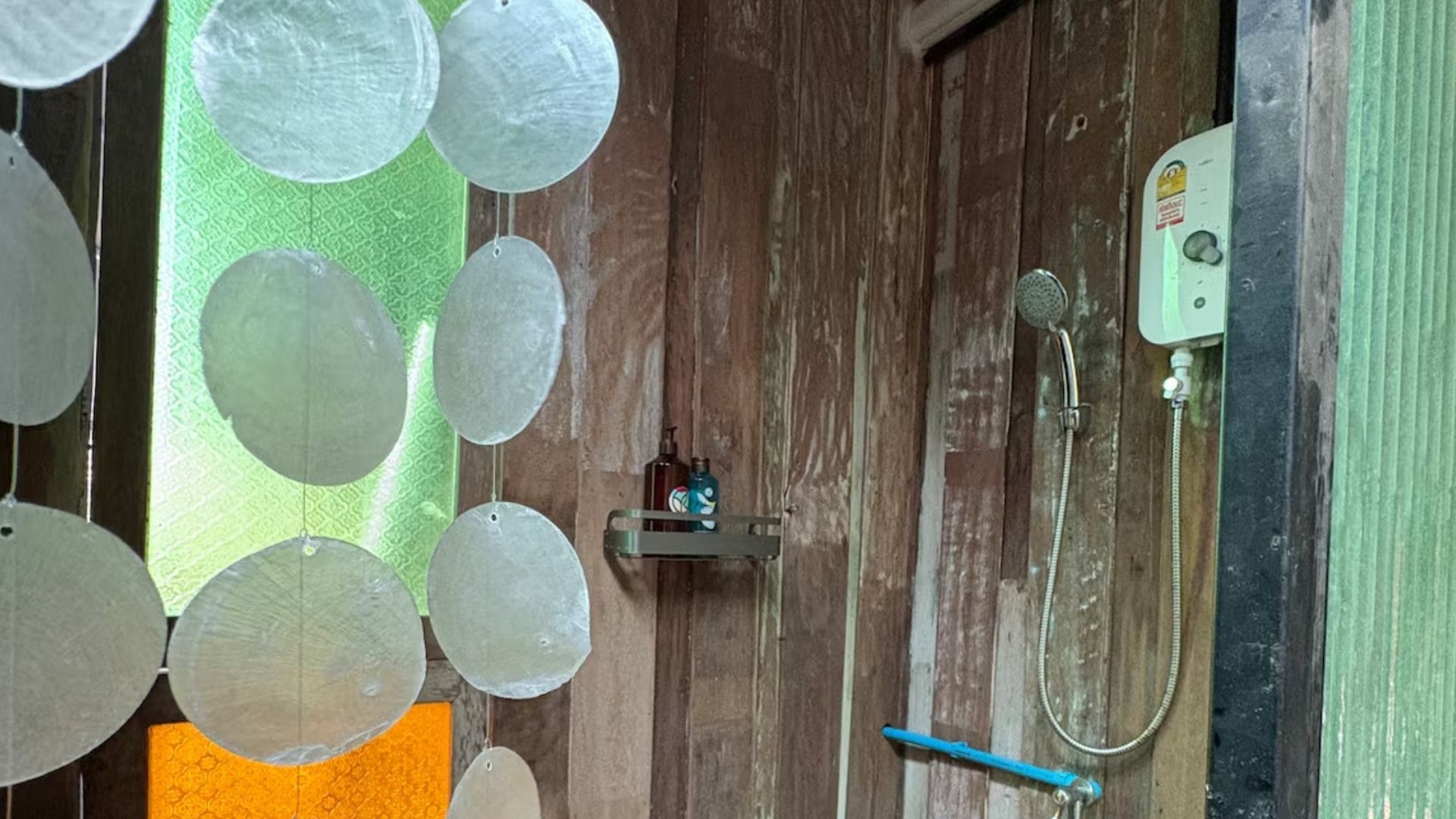 A bathroom with a wooden door, a shower, and a shelf with toiletries.