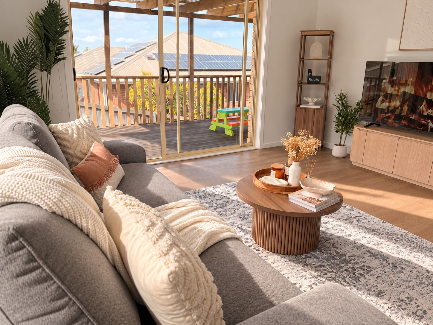 Bright and comfortable living room in our family-friendly Claremont accommodation near Hobart.
