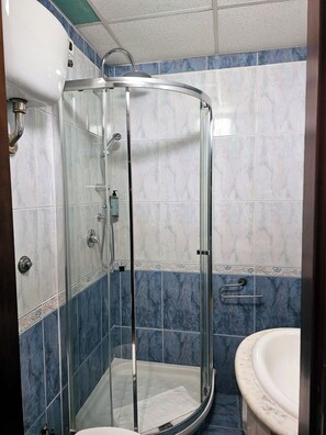 Une cabine de douche dotée d’une porte en verre, d’un pommeau de douche à main et d’un flexible de douche à main.