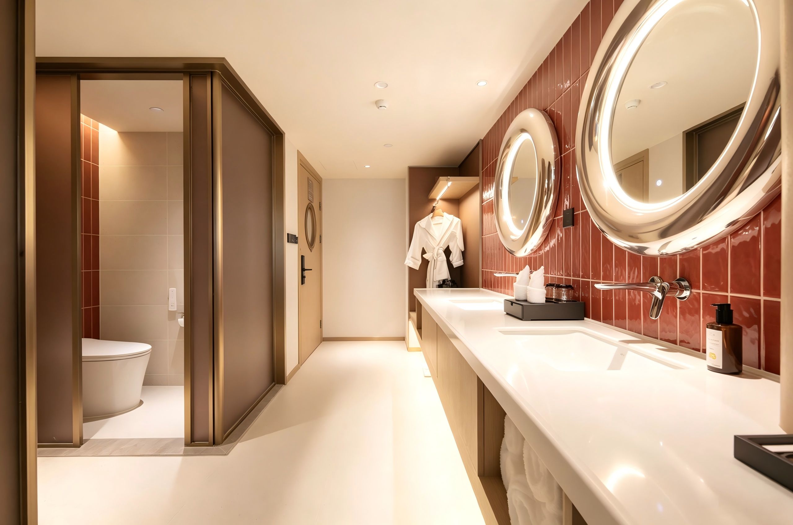 A modern bathroom with a large mirror, a toilet, and a sink.