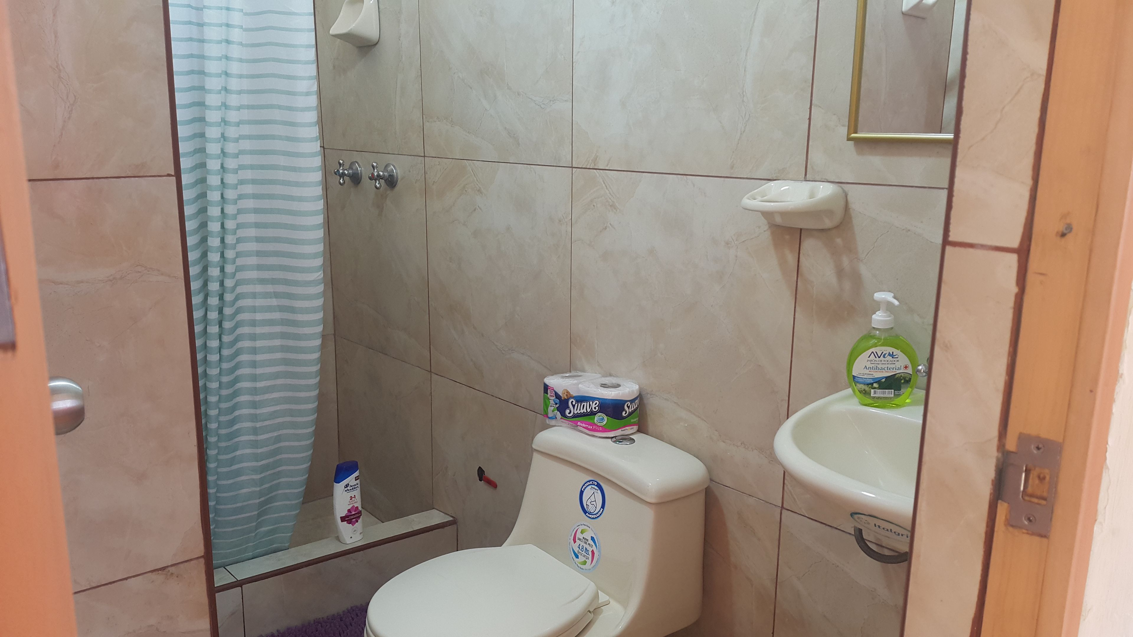 A bathroom with a toilet, a sink, a shower curtain, and a bottle of hand soap.