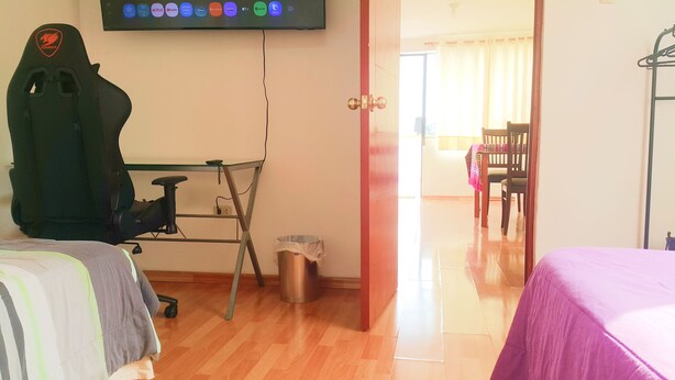 Camera d'albergo con un letto, una scrivania con una sedia, un cestino e un televisore a parete che mostra diversi servizi di streaming.