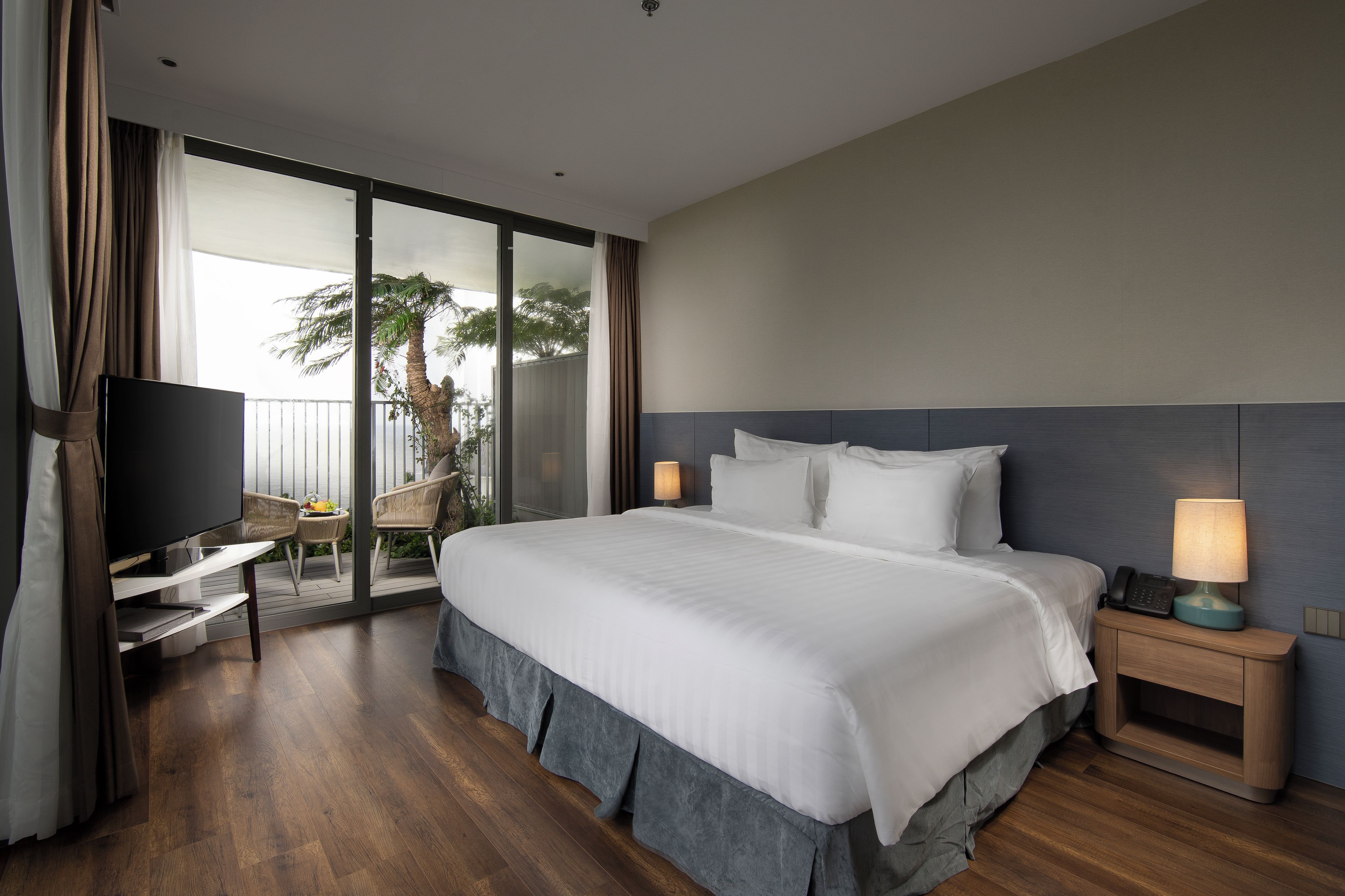 A hotel room with a bed, a TV, a desk, and a balcony with a view of palm trees.