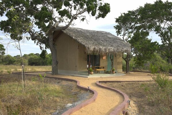 A thatched-roof hut with a paved pathway leading to it, surrounded by dry grassland and trees.