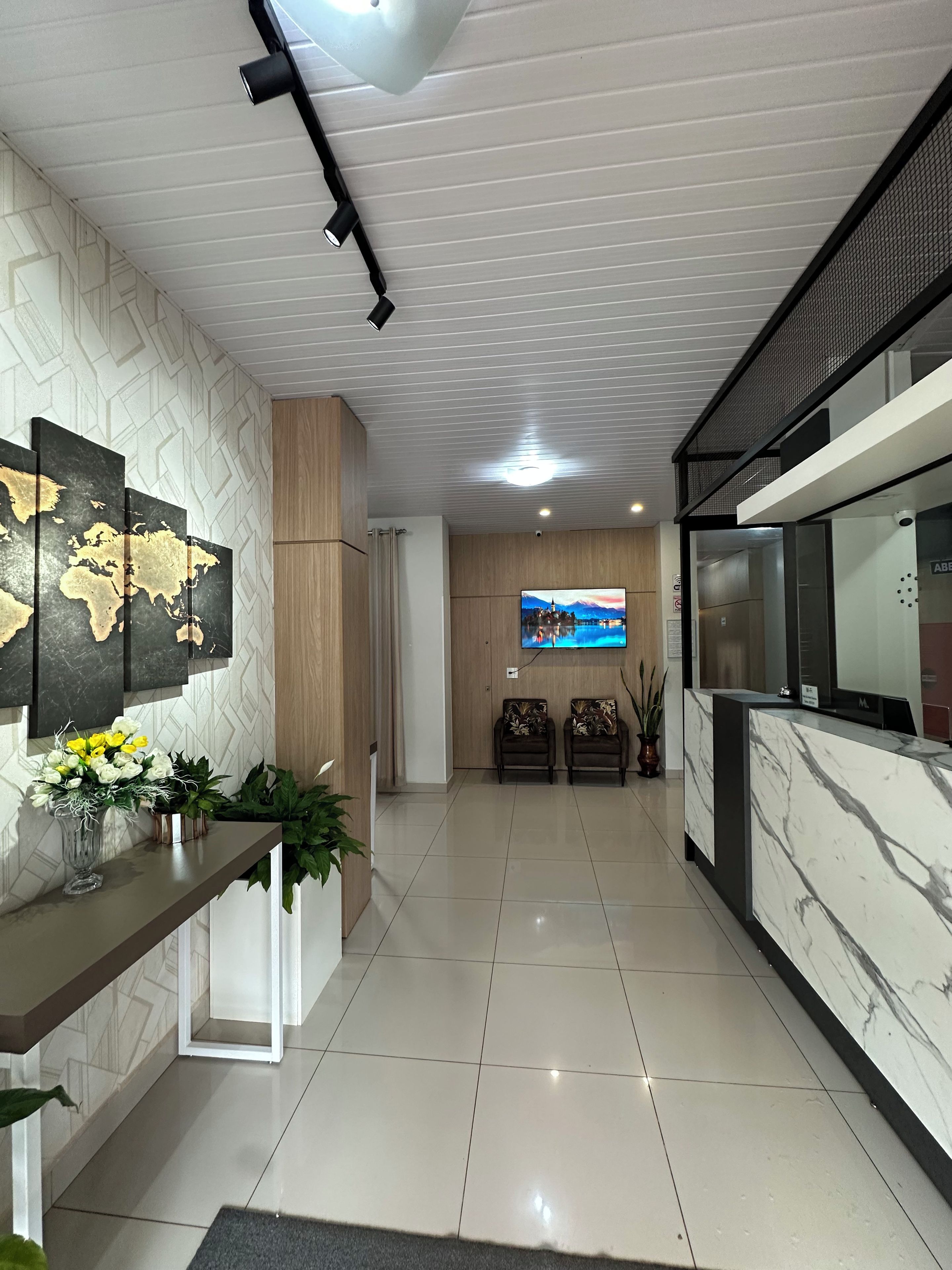 A reception area with a marble reception desk, a world map artwork, a flat-screen TV, and a plant arrangement.