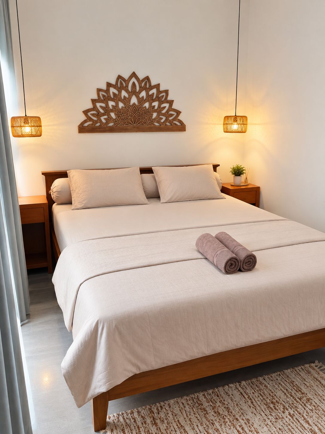 A neatly made bed with a headboard, two bedside tables, and a wall-mounted decorative piece.