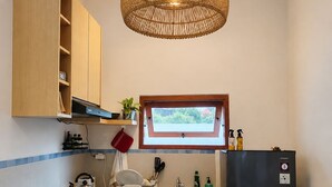 Una cocina compacta con estufa a gas, refrigerador, ventana con vistas y lámpara colgante.