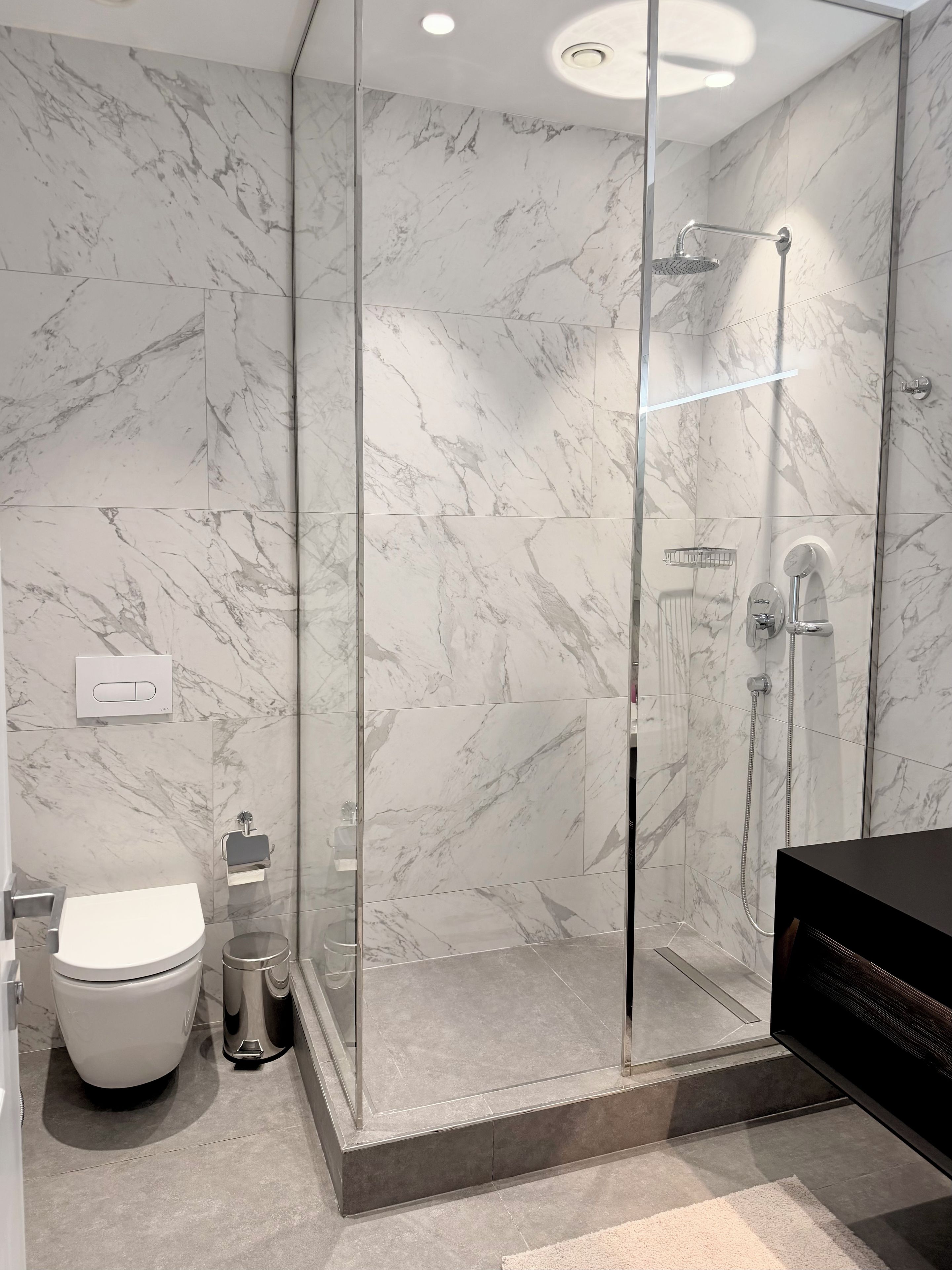 A modern bathroom with a glass-enclosed shower, a toilet, and a sink.