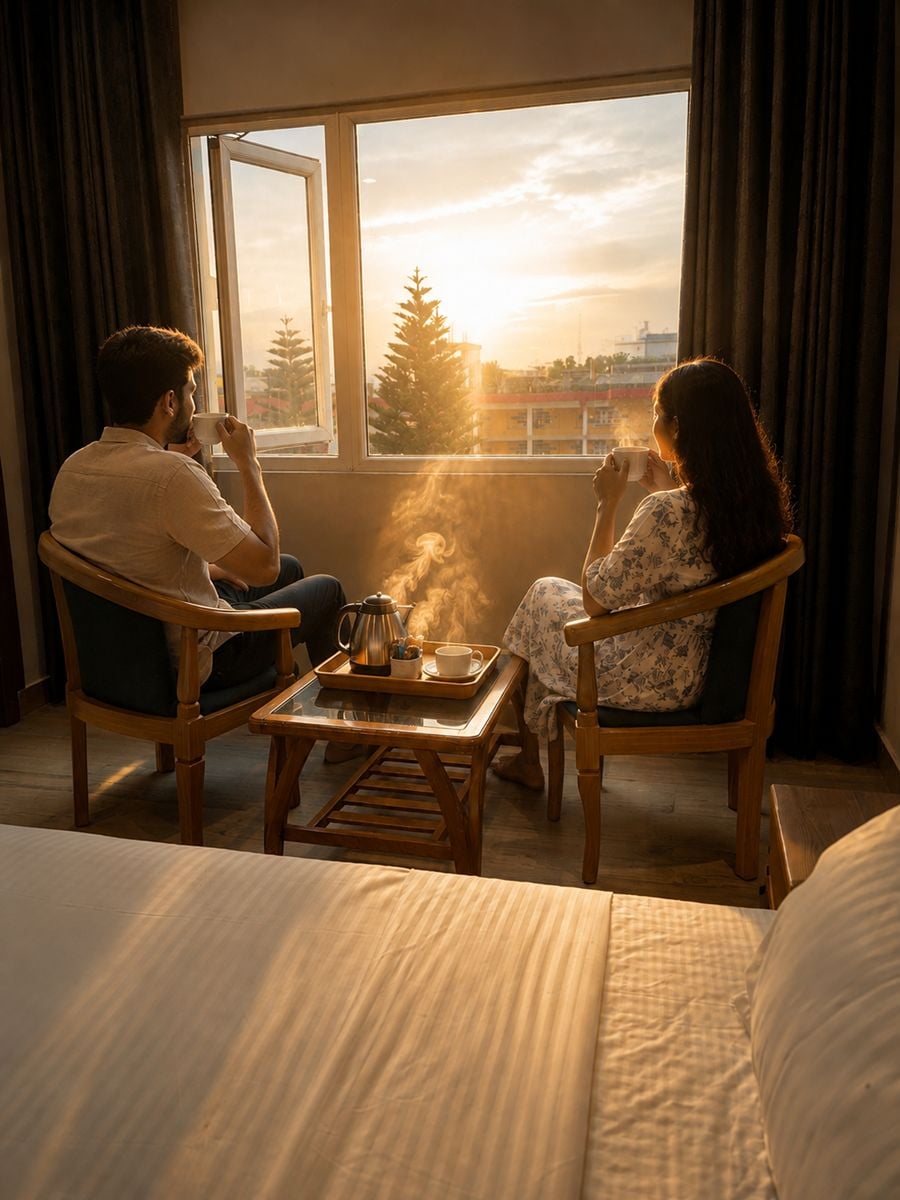 A room with a bed, two chairs, a table with a tray, and a window with curtains.