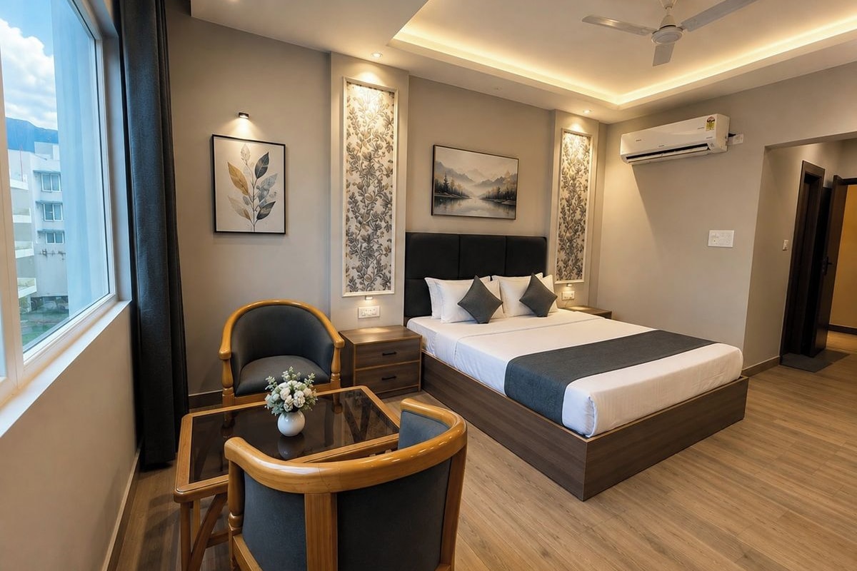 Habitación de hotel con cama, mesitas de noche, una silla, una pequeña mesa con un jarrón y cuadros en las paredes.