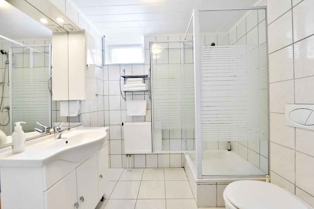 A modern bathroom with a large sink, mirror, and a walk-in shower.