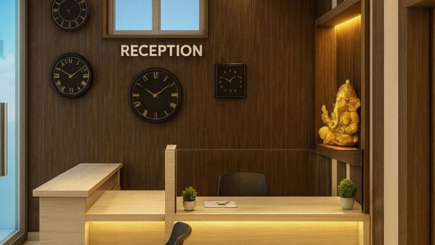 Ett entrérum med en receptionsdisk, stolar, takfläktar, klockor och en dekorativ staty.