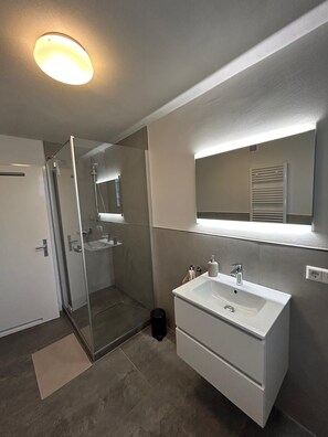 A modern bathroom with a glass shower enclosure, a white sink with a mirror above, and a towel rack.