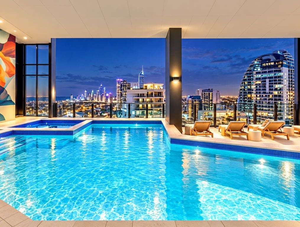 A rooftop infinity pool with city skyline views, lounge chairs, and a modern architectural design.