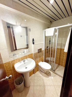Een badkamer met een wastafel, toilet en douchecabine.