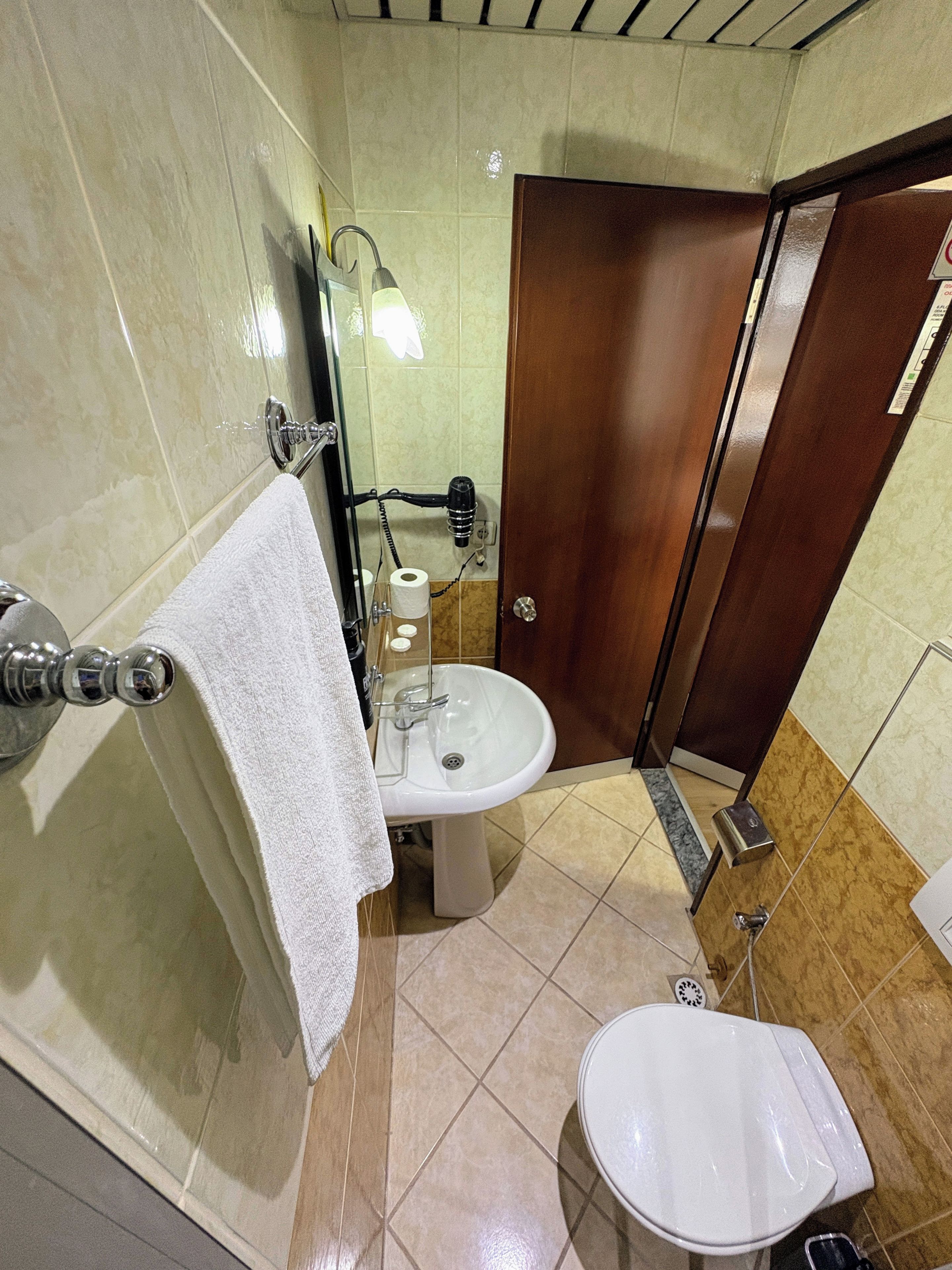 A bathroom with a shower, sink, and toilet.