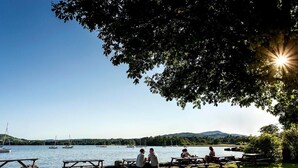 Un área de picnic junto al lago con mesas y bancos, botes en el agua y un cielo despejado.