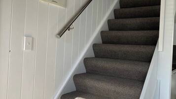 A staircase with carpeted steps and a metal handrail.
