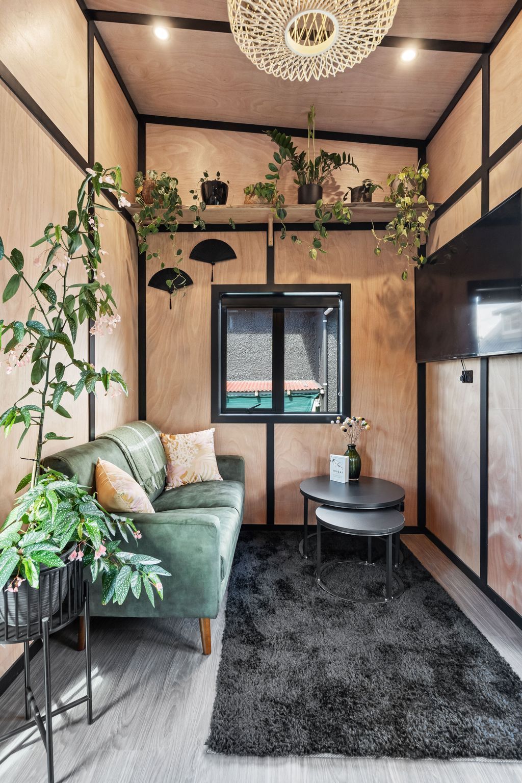 A cozy room with a green sofa, a small round table, and a black rug. There are plants on shelves and a window with a view.