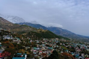 Un pueblo montañoso con casas en una ladera, rodeado de montañas nevadas.