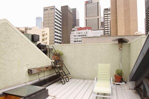 A rooftop terrace with a view of city buildings, a ladder, a potted plant, and a white chair. - Central City Warehouse Apartment (Melbourne)