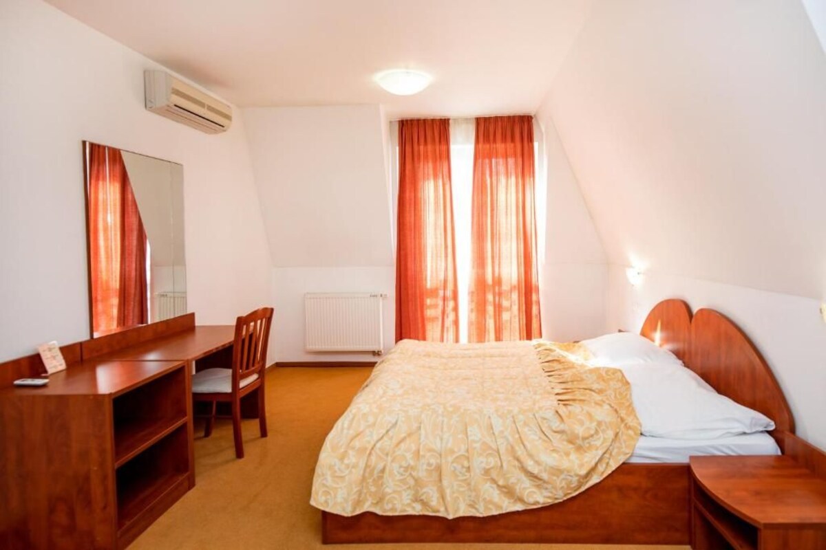 Un dormitorio con cama, escritorio, silla y radiador.