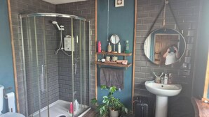 A modern bathroom with a glass shower enclosure, a sink, a mirror, and a potted plant. - Cottage on the hillx (Ballon)