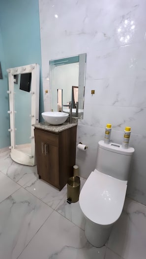 A bathroom with a vanity, sink, mirror, toilet, and two shampoo bottles. - Betandy Apartment Jacuzzi (Guapiles)