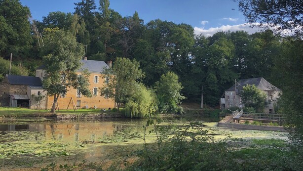 Ein historisches Gebäude mit Teich davor, umgeben von Bäumen und blauem Himmel.