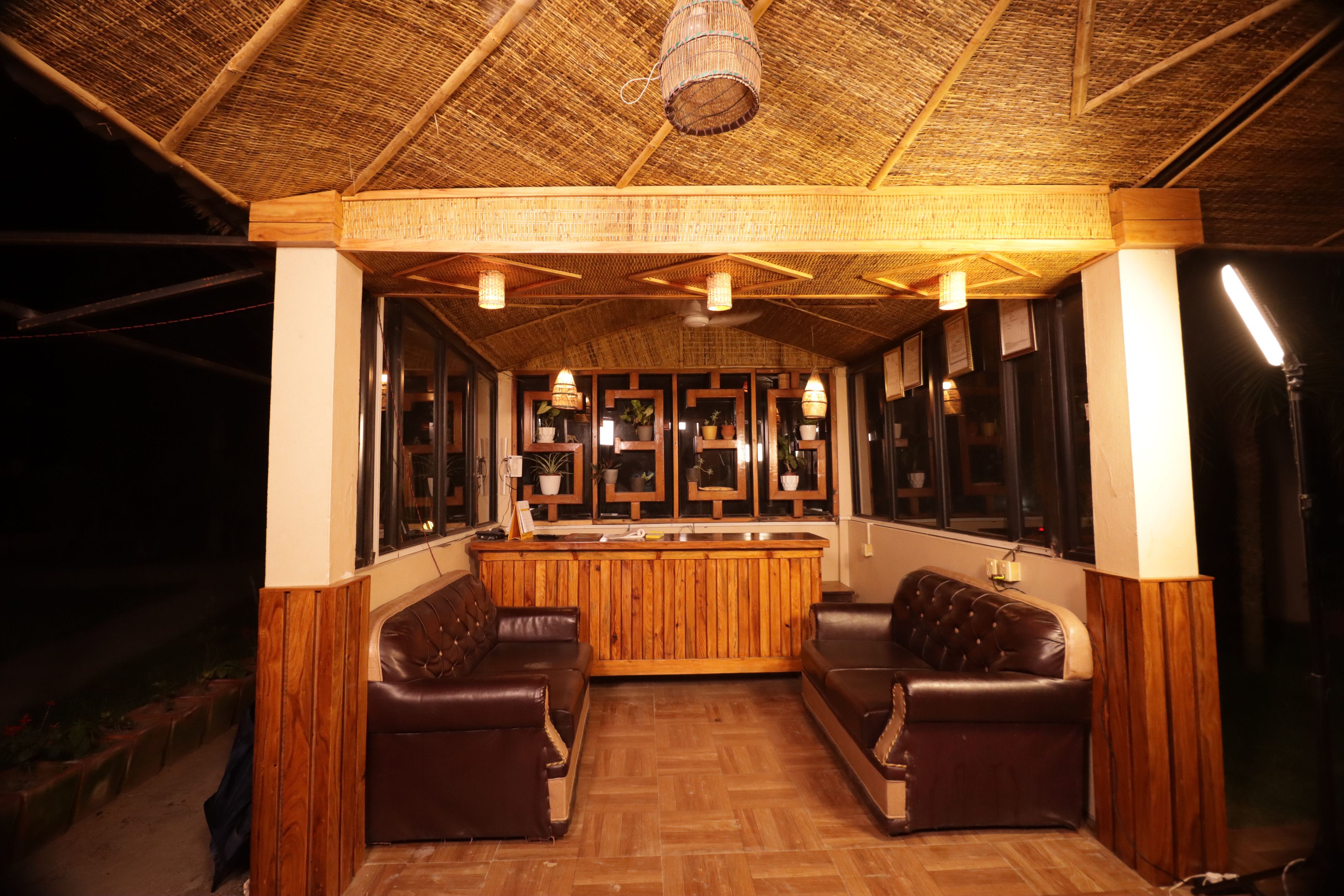 Una zona de bar con mobiliario de madera, techo de paja y plantas en macetas.