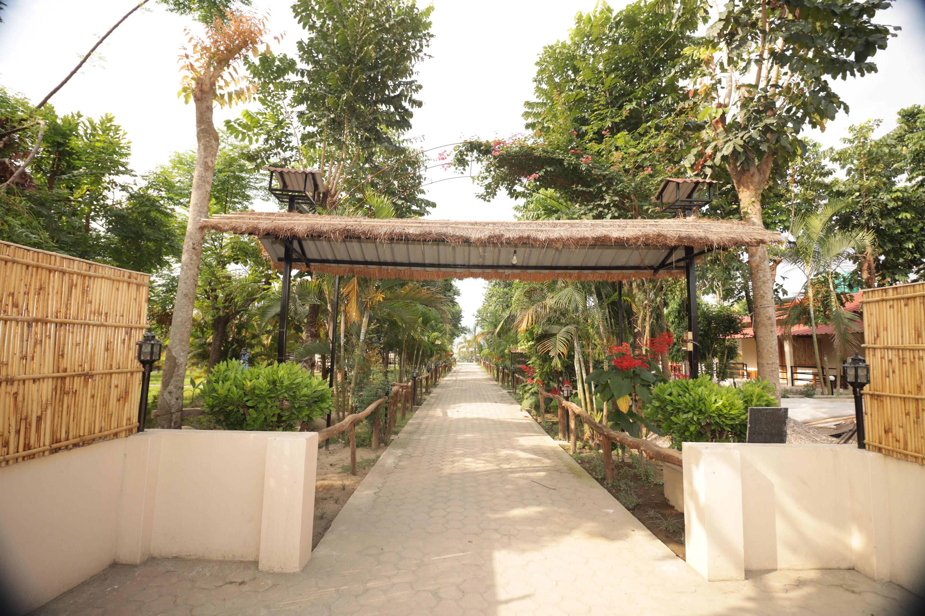 A pathway leading through a garden with a thatched roof structure.