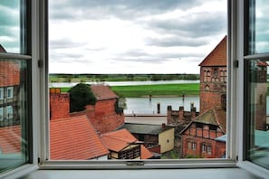 Uitzicht door een raam op een historisch gebouw, met een rivier en een toren op de achtergrond.
