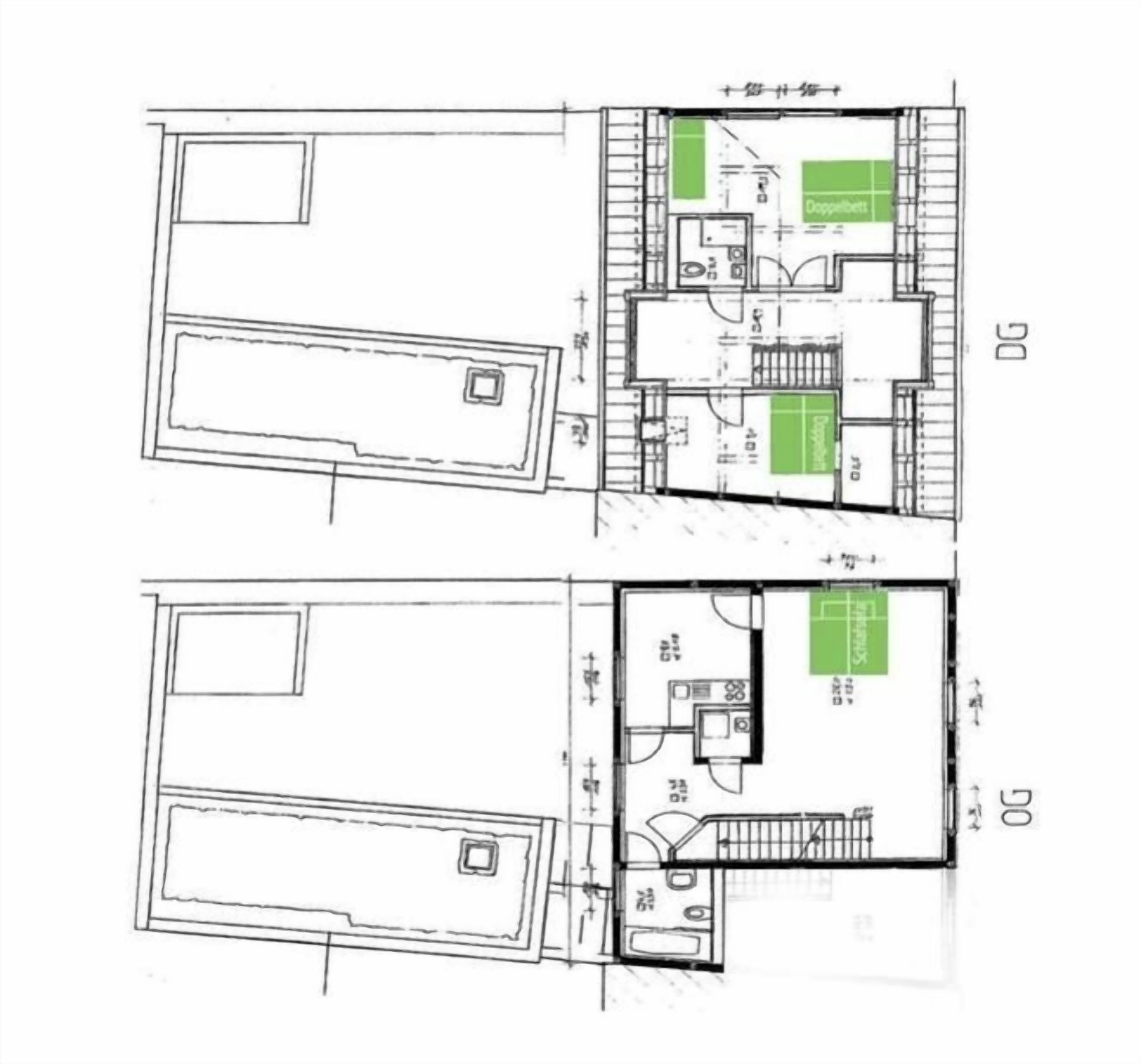 Pianta degli ambienti con due stanze, un bagno e una zona cucina.
