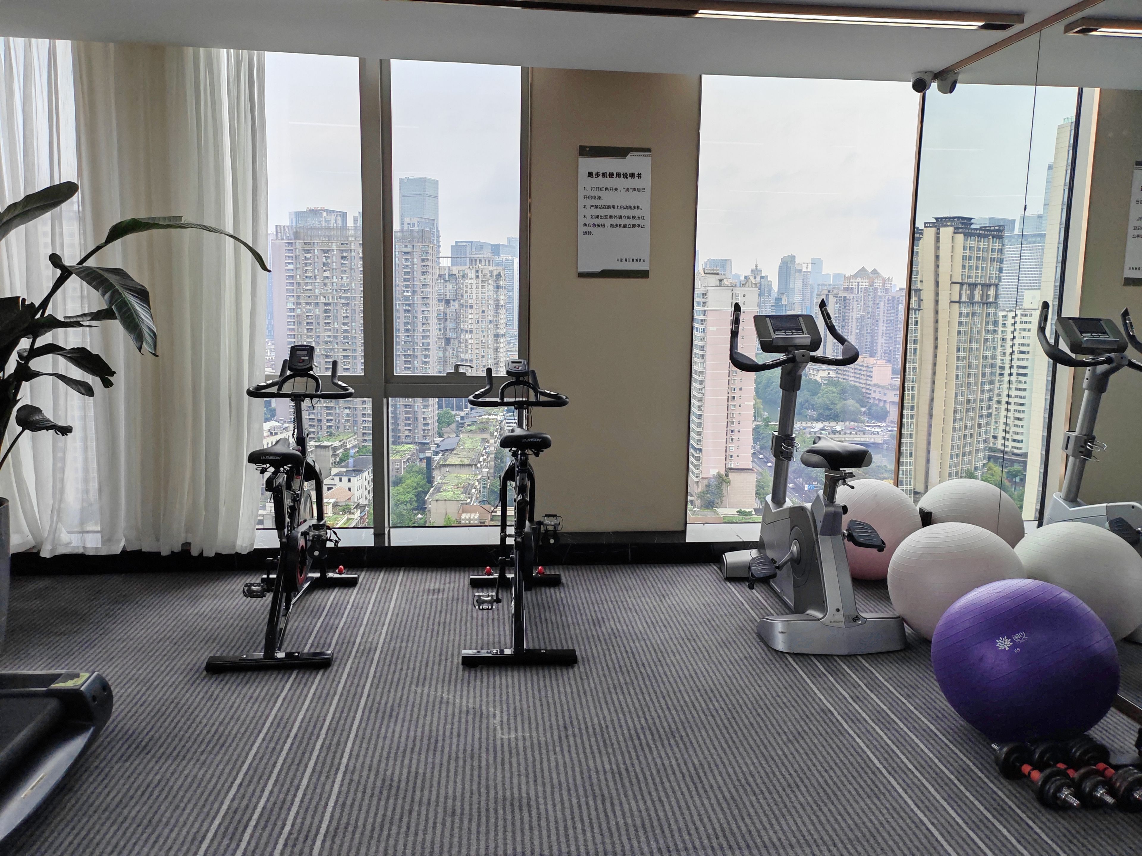 A gym with stationary bikes, exercise balls, and dumbbells, with a city view through large windows.