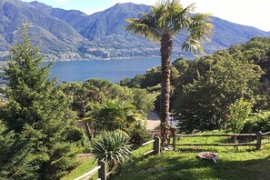 A view of a mountainous landscape with a body of water, palm trees, and a wooden fence. - Holiday apartment with 1 bedroom (Contra)