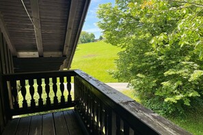 Ein hölzerner Balkon mit Blick auf ein grünes Feld und Bäume.