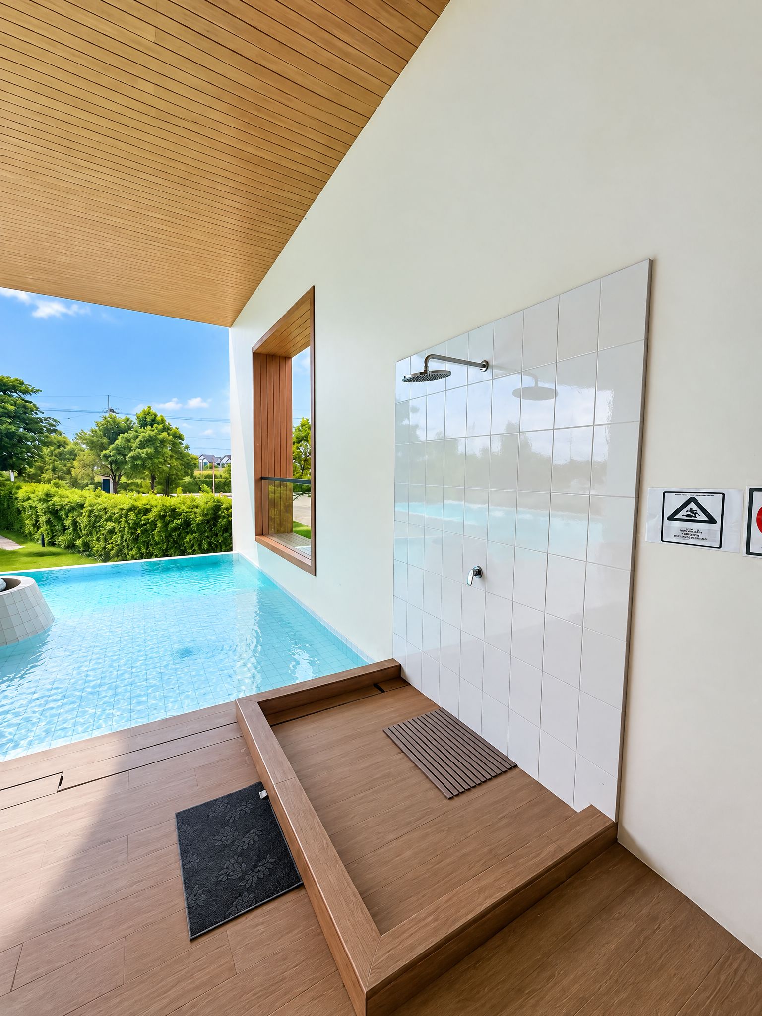 A modern bathroom with a shower, a small pool, and a view of a garden.