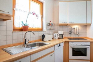 Cozinha moderna com máquina de lavar louça embutida, fogão e janela com planta em vaso.