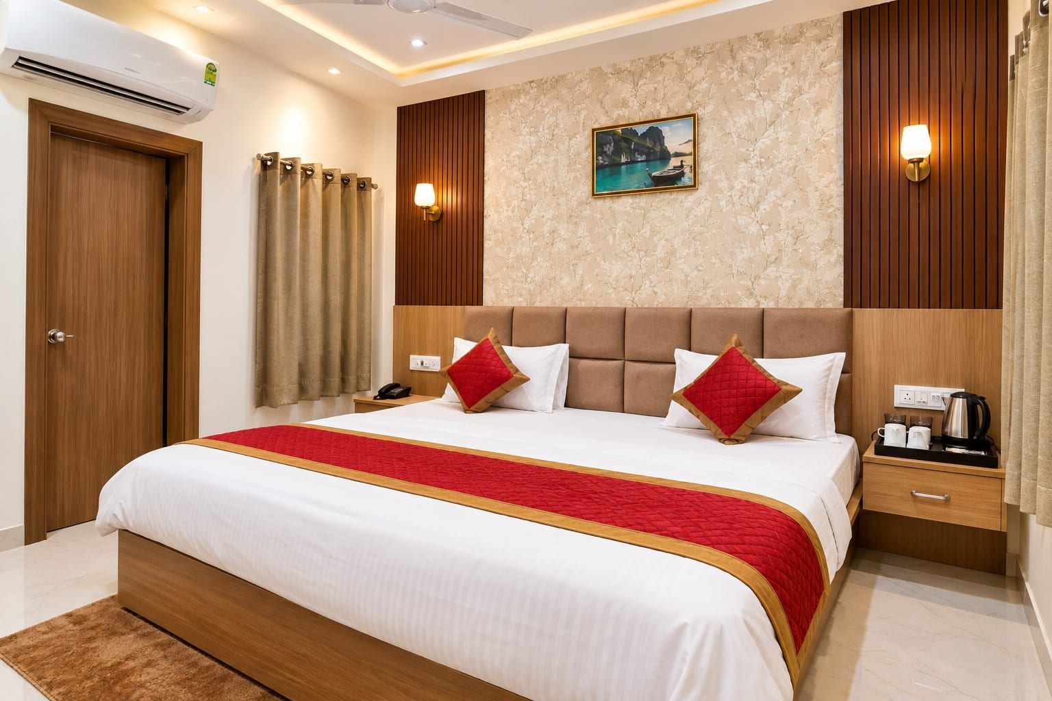 Habitación de hotel con una cama grande, una mesita de noche, un cuadro en la pared y vistas al mar.