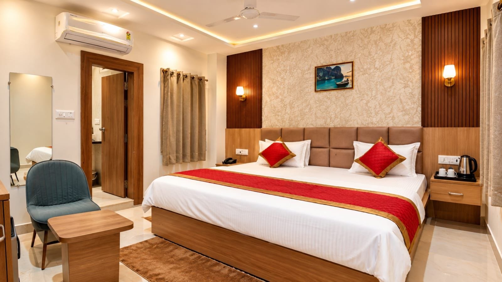 A hotel room with a large bed, bedside tables, a desk, a chair, and a painting on the wall.