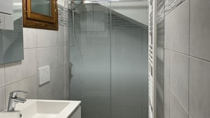A modern bathroom with a shower enclosure, a toilet, and a sink with a mirror above it. - Casa Le Triestine: cozy, traditional Dolomite accommodation for groups (Venas di Cadore)