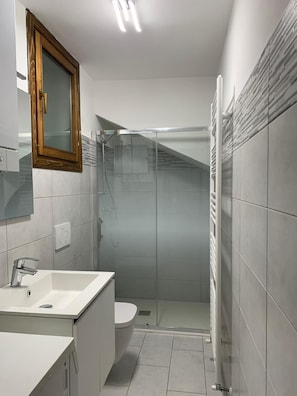 Ein modernes Badezimmer mit Duschkabine, Toilette und Waschbecken mit Spiegel darüber.