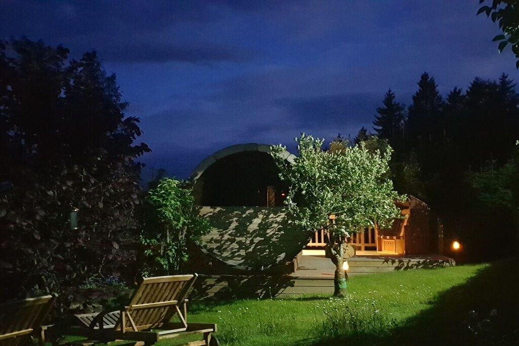 A nighttime view of a property with a covered outdoor seating area, a wooden building, and a tree in the foreground.