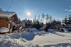 Eine Holzhütte mit schneebedecktem Dach, umgeben von schneebedeckten Bäumen und einem klaren Himmel.